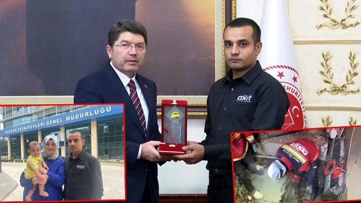 Enkazdan çıkıp, can kurtaran CEKUT gönüllüsüne Bakan Tunç'tan plaket