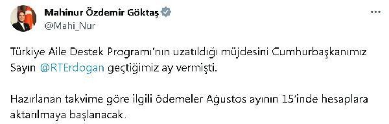 Aile Destek Programı ödemeleri 15 Ağustos'ta başlayacak