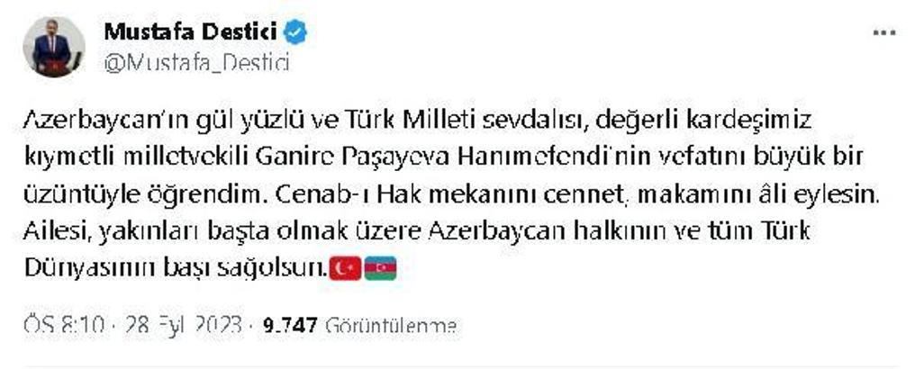 Destici'den, Azerbaycanlı milletvekili Paşayeva için taziye mesajı