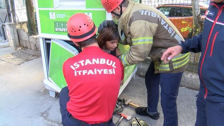 Pendik'te giysi kumbarasında mahsur kalan çocuğu itfaiye kurtardı