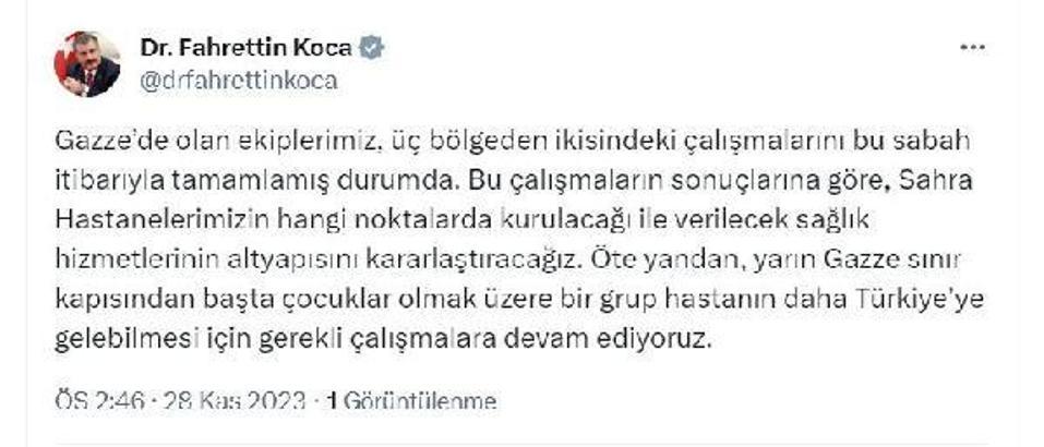Bakan Koca: Gazze'den bir grup hasta daha getirmek için çalışıyoruz