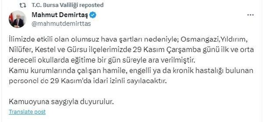 Bursa'da hava şartları nedeniyle 5 ilçede okullar tatil edildi