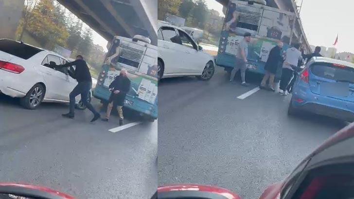 Ankara'da otobüs şoförü ile kadın sürücünün sollama tartışması kamerada