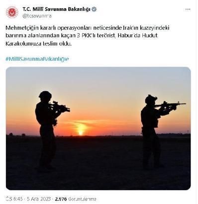 MSB: Irak’ın kuzeyinde örgütten kaçan 3 PKK’lı terörist, Habur'da Hudut Karakoluna teslim oldu