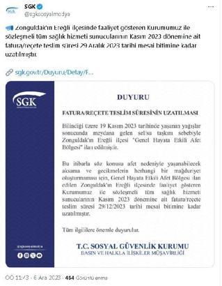 SGK: Zonguldak'ın Ereğli ilçesinde fatura/reçete teslim süresi uzatıldı