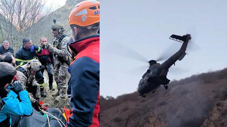 Fotoğraf çekmek isterken kayalıklardan uçuruma yuvarlandı, askeri helikopterle kurtarıldı