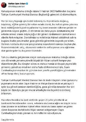 Hafize Gaye Erkan, Merkez Bankası Başkanlığı görevinden istifa etti