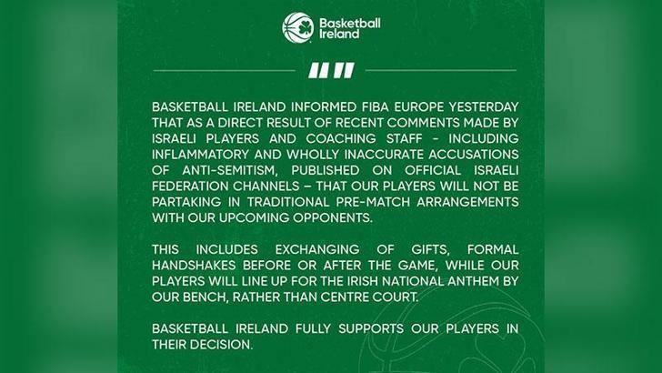 İrlanda Milli Basketbol Takımı, İsrail takımıyla el sıkışmayı reddetti