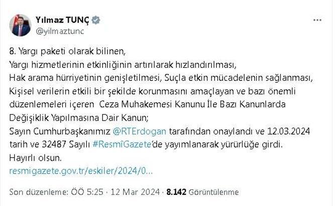 Yılmaz Tunç'tan Resmi Gazete'de yayımlanan 8'inci yargı paketi paylaşımı