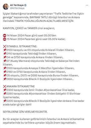 Dönüş yolunda kamyon, çekici ve tanker geçişine kısıtlama
