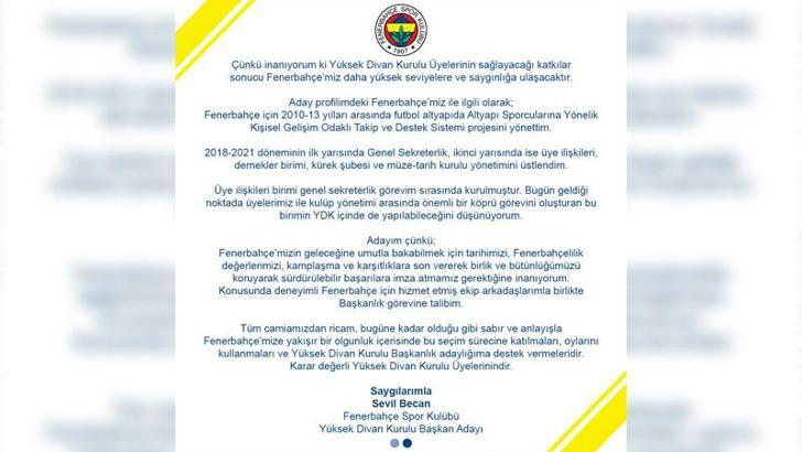 Sevil Zeynep Becan, Fenerbahçe Yüksek Divan Kurulu Başkanlığı'na aday olduğunu açıkladı