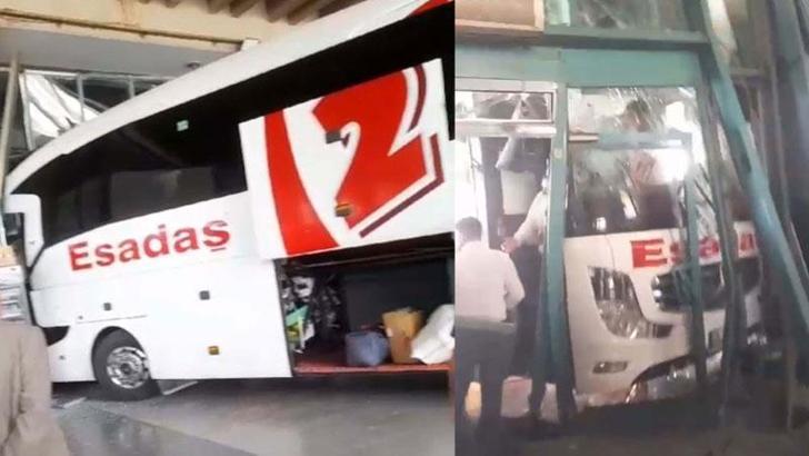 Otobüs, perona girerken yolcu bekleme alanına çarptı