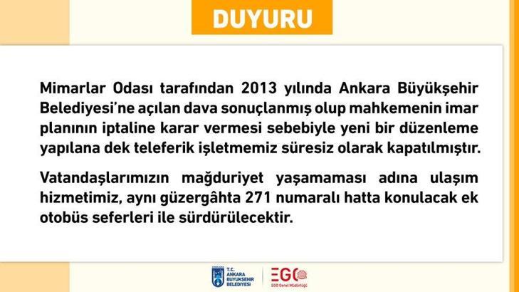 EGO: Mahkeme kararı gereğince teleferik işletmemiz süresiz olarak kapatılmıştır