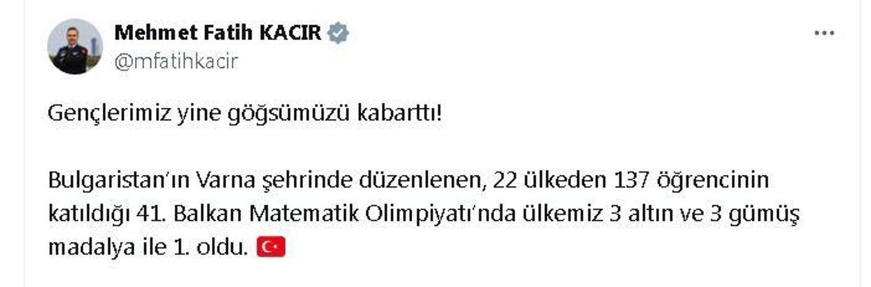 Bakan Kacır: 41'inci Balkan Matematik Olimpiyatı'nda ülkemiz birinci oldu