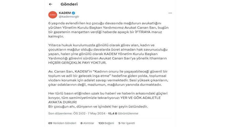 KADEM: Canan Sarı iftiraya maruz kaldı, gerçeklik payı yoktur
