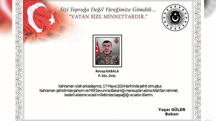 Pençe- Kaplan Operasyonu bölgesinde silah kazası sonucu 1 asker şehit oldu