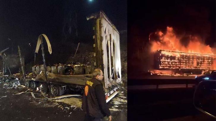 TEM Otoyolu’nda beyaz eÅŸya yüklü TIR’ın dorsesi alev alev yandı