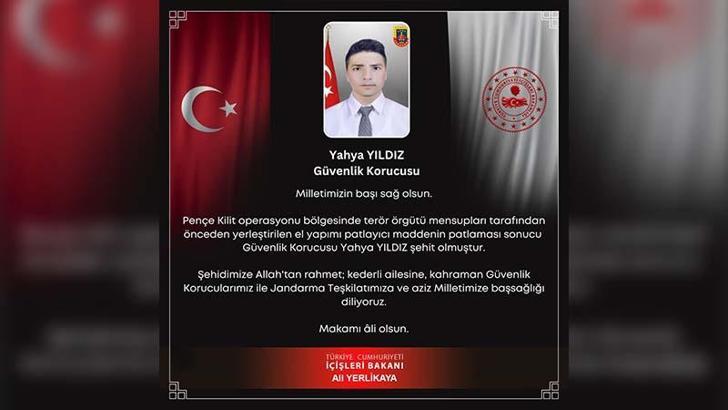 İçişleri: Pençe Kilit bölgesinde 1 güvenlik korucu şehit oldu