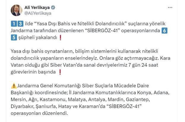 13 ilde 'Sibergöz-41' operasyonu: 65 gözaltı