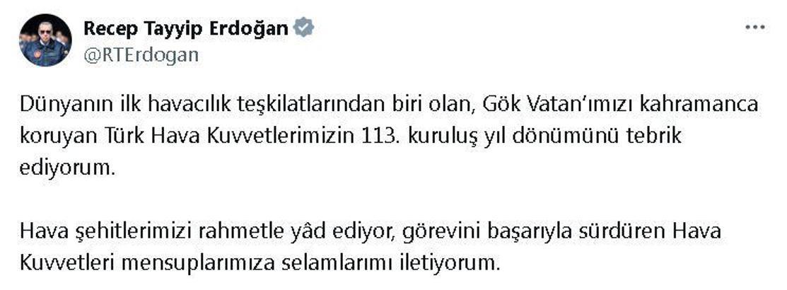 Cumhurbaşkanı Erdoğan, Türk Hava Kuvvetleri'nin 113'üncü yaşını kutladı