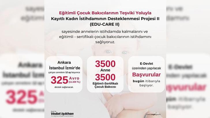 Ankara, İstanbul ve İzmir'de çalışan annelere 11 bin 339 TL destek