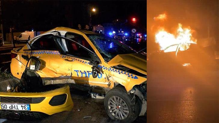 Ataşehir'de taksi ile çarpışan otomobil alev alev yandı; 3 yaralı