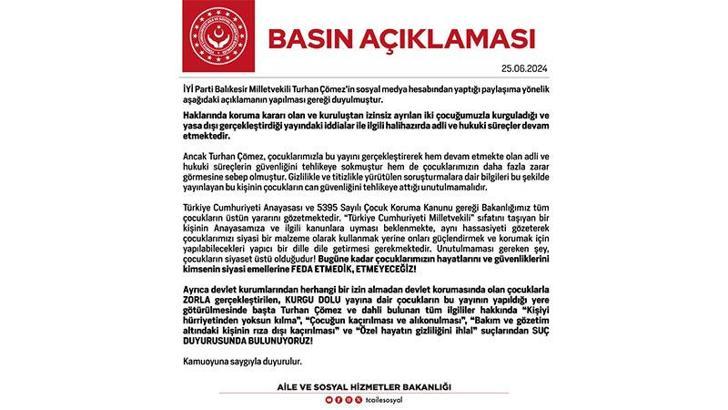 Aile ve Sosyal Hizmetler Bakanlığı'ndan, İYİ Partili Çömez için suç duyurusu