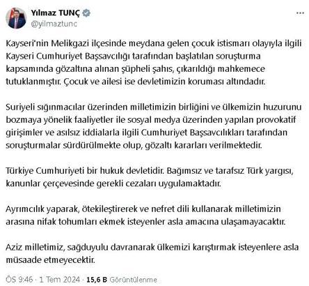 Bakan Tunç: Kayseri'deki çocuk istismarı olayında şüpheli tutuklanmıştır