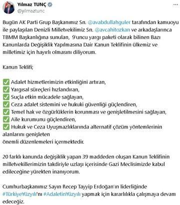 Bakan Tunç: 9’uncu Yargı Paketi olarak bilinen kanun teklifi ülkemiz için hayırlı olsun