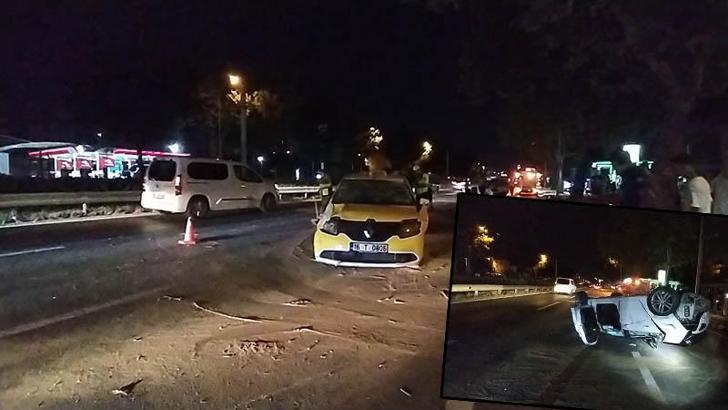 Ticari taksiye çarpan otomobil takla attı: 3 yaralı