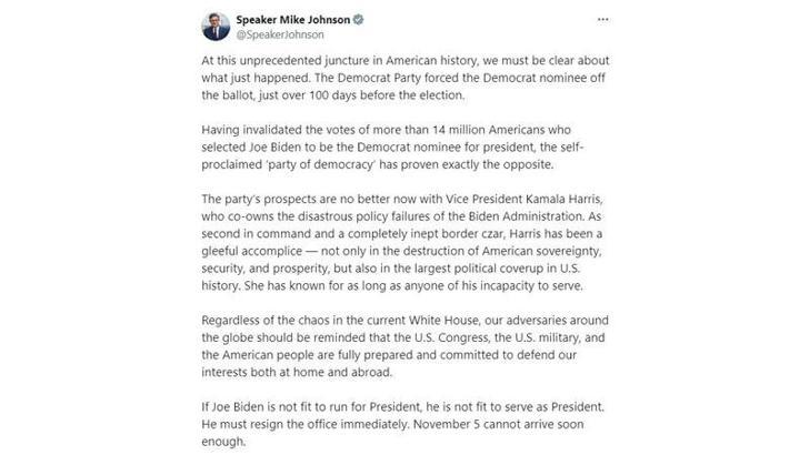 ABD Temsilciler Meclisi Başkanı Johnson, Biden’ı istifaya çağırdı