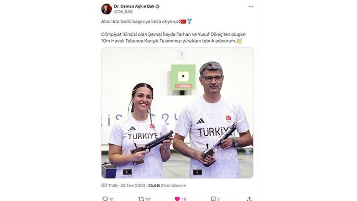 Bakan Bak'tan olimpiyat 2'ncisi milli atıcılara tebrik