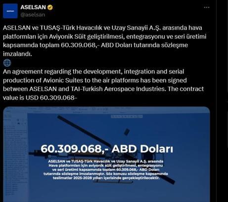 ASELSAN ve TUSAŞ arasında 60 milyon dolarlık sözleşme imzalandı