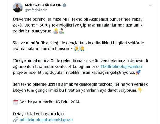Milli Teknoloji Akademisi başvuruları açıldı