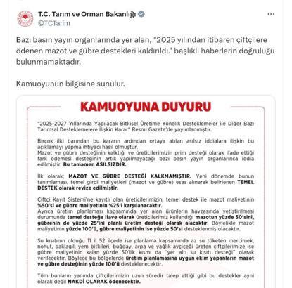 Tarım ve Orman Bakanlığı: Mazot ve gübre desteği kalkmadı
