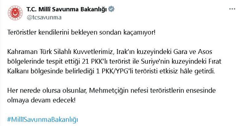 MSB: Irak ve Suriye'nin kuzeyinde 22 terörist etkisiz hale getirildi
