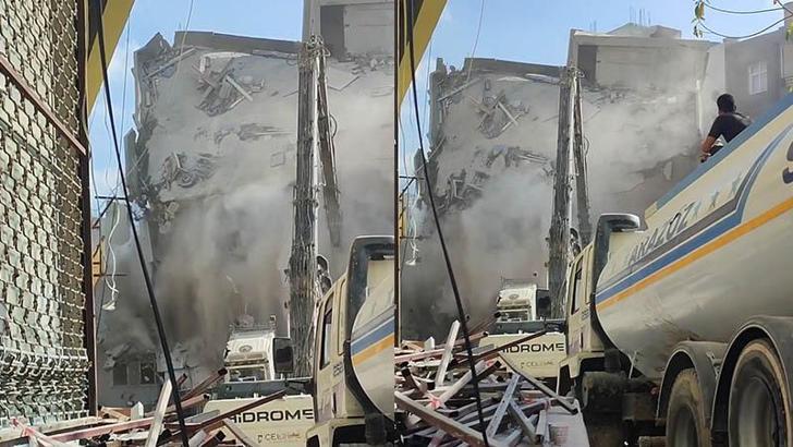 5 katlı ağır hasarlı binanın kontrollü yıkımı kamerada