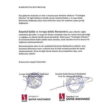 İstanbul Şafak ve Avrupa Şafak Hastaneleri’nden açıklama