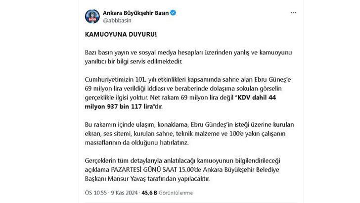 Ankara Büyükşehir'den Ebru Gündeş'e 69 milyon TL verildiği iddiasına açıklama