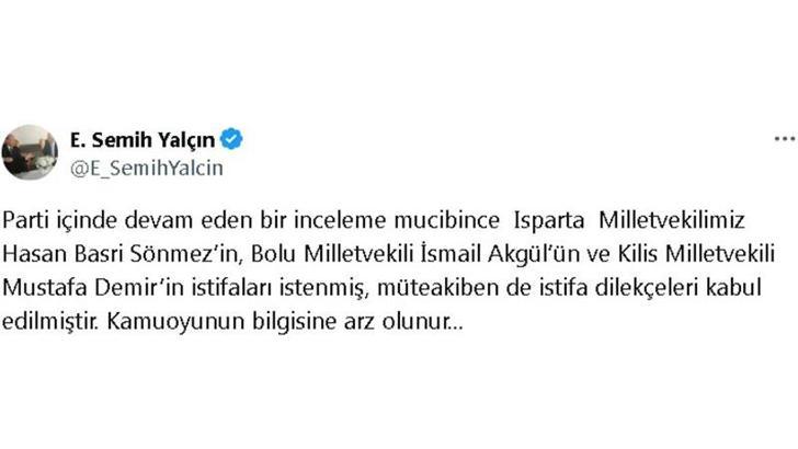 MHP'li Yalçın: İstifası istenen 3 milletvekilinin dilekçesi kabul edildi