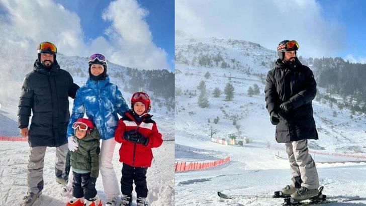 Fahriye Evcen-Burak Özçivit çifti, çocukları ile kayak tatilinde