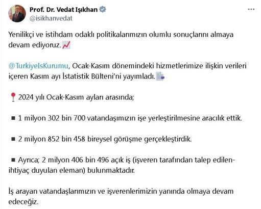 Bakan Işıkhan: 1,3 milyon kişinin işe yerleşmesine aracılık ettik