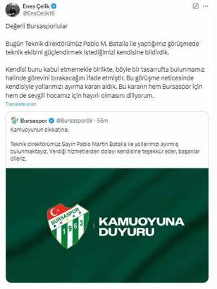 Bursaspor'da teknik direktör Batalla ile yollar ayrıldı