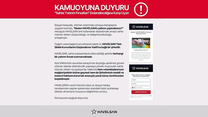 HAVELSAN'dan 'Sahte Yatırım Fırsatları' dolandırıcılığına karşı vatandaşlara uyarı