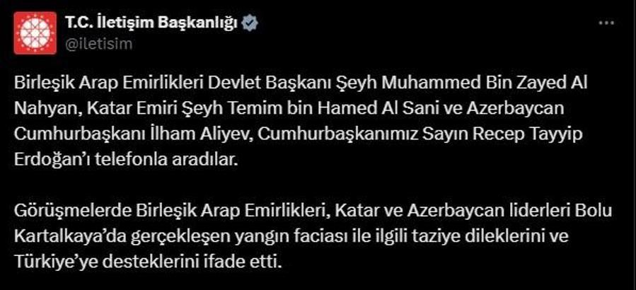 BAE, Katar ve Azerbaycan liderlerinden, Cumhurbaşkanı Erdoğan'a taziye telefonu