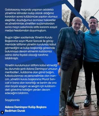 Adana Demirspor Başkanı Bedirhan Durak'ın istifası kabul edilmedi