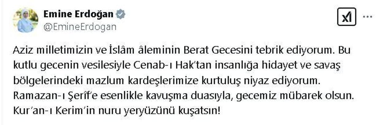 Emine Erdoğan, Berat Kandili'ni kutladı