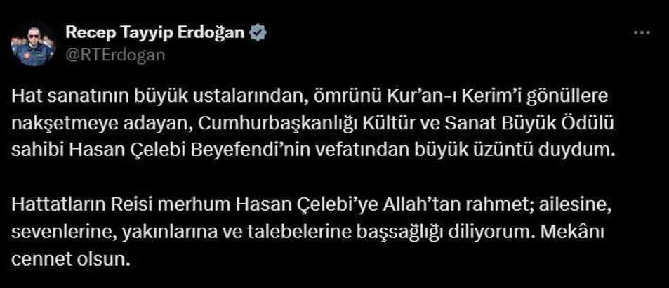 Cumhurbaşkanı Erdoğan'dan Hasan Çelebi için taziye mesajı