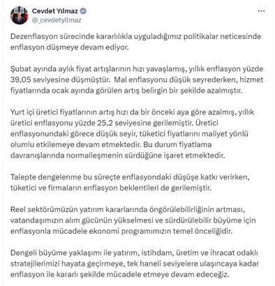 Cevdet Yılmaz: Tek haneli seviyelere ulaşıncaya kadar enflasyon ile mücadele edeceğiz