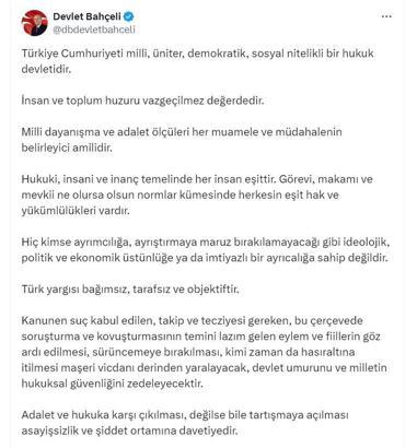 Bahçeli: Hukukun vereceği karara saygıyla yaklaşmak ortak sorumluluk olmalı